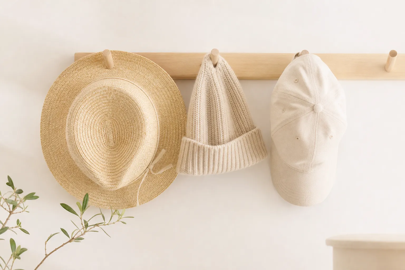 A few simple hats neatly arranged on a light background