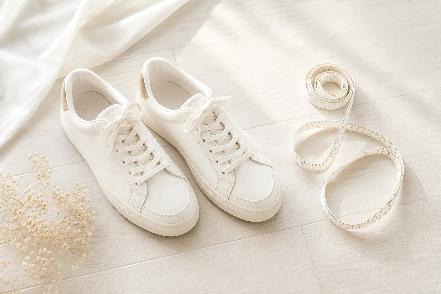 A pair of clean minimalist shoes beside a soft tape measure on a light background